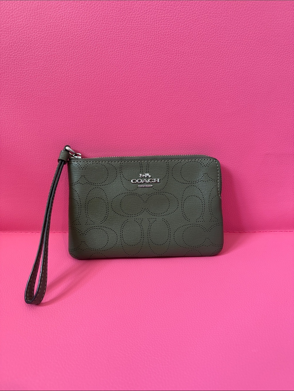 Coach Olive Green Perforated Signature Wristlet with Strap